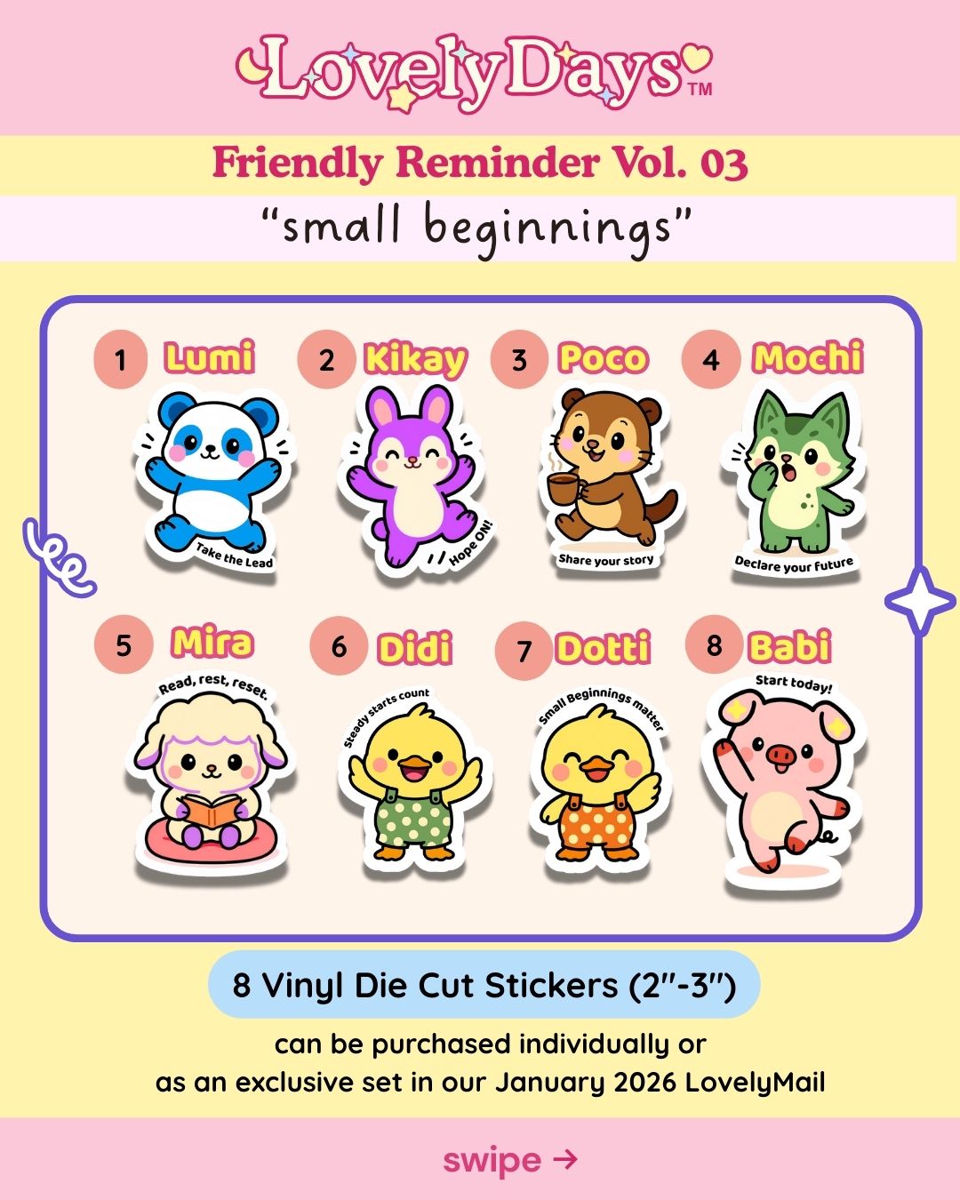 Set of eight vinyl die cut stickers with cartoon animals on a pink background, featuring the brand 'Lovely Days'.